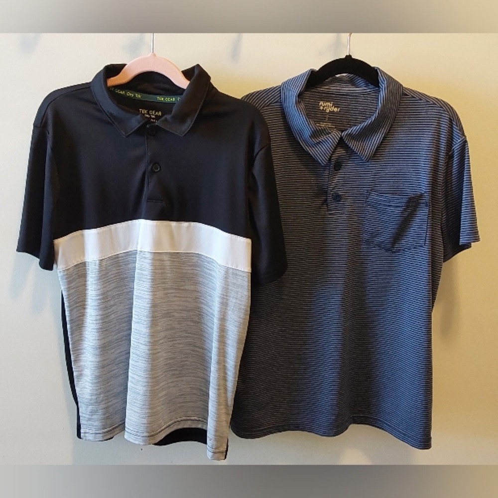 2 Boy's Polos /Tek Gear Black and Gray Colorblock / Rumi + Ryder Striped